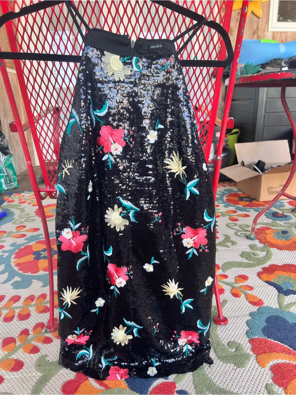 Forever 21 Black Sequin Floral Embroidered Maxi Skirt